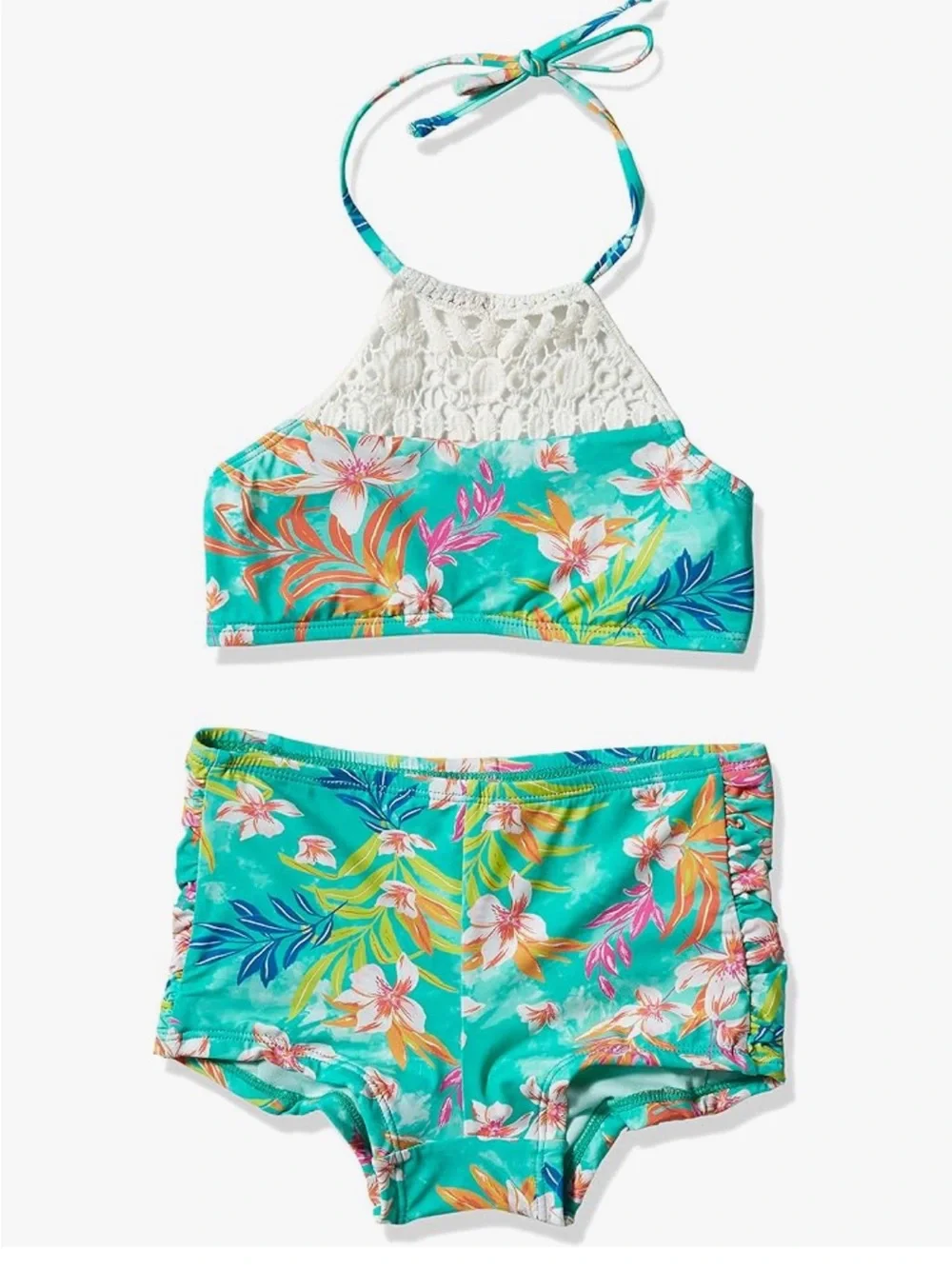 Hobie Honor Girls Floral Crochet Halter Tankini Boyshort Swim Set 💙💚